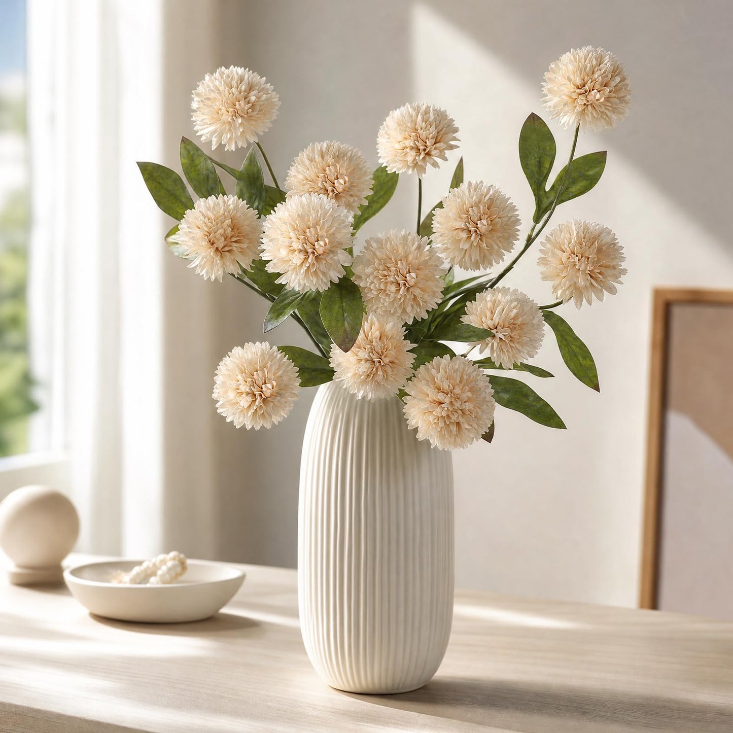 Faux Pompon Mum Flowers 6pcs Beige Decor