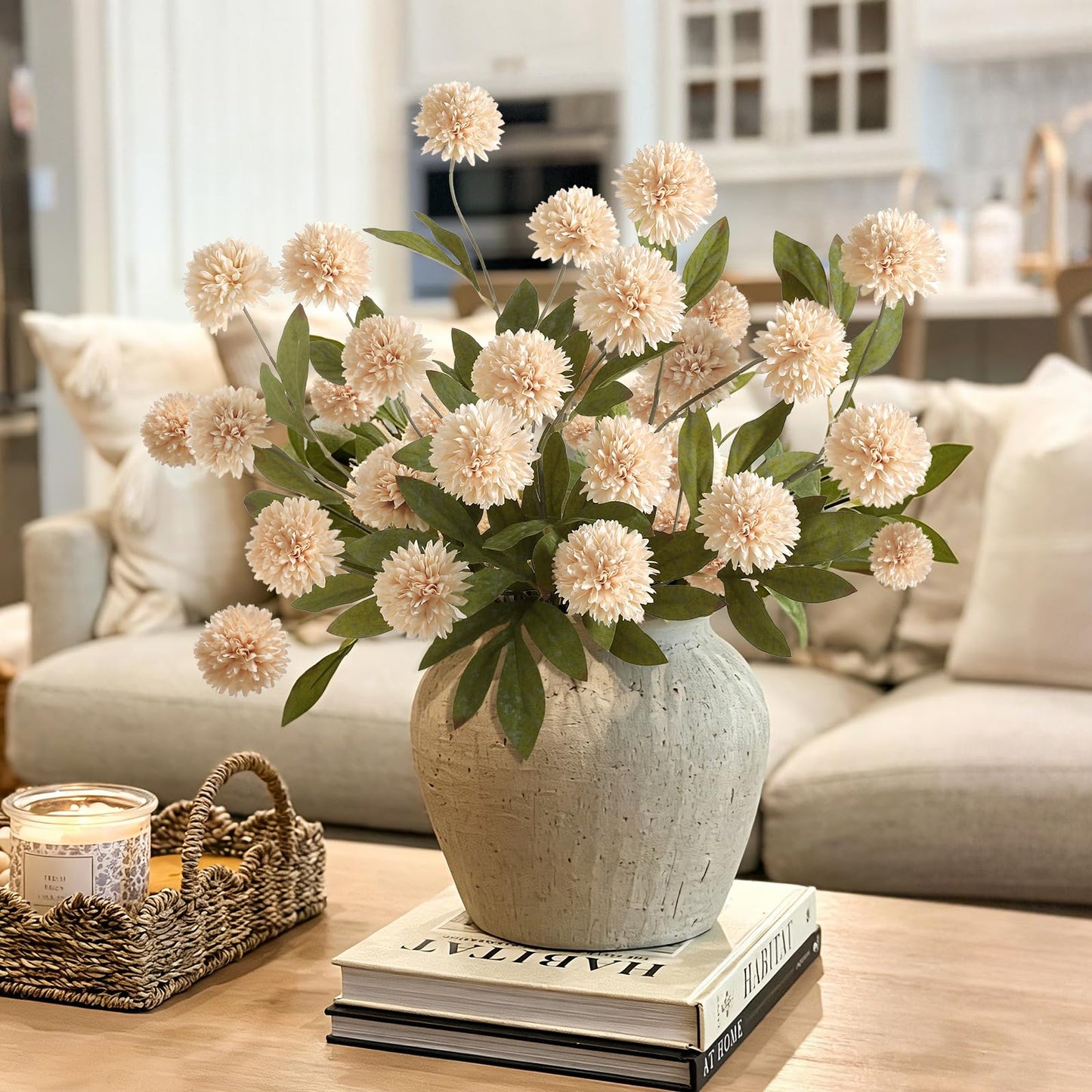 Faux Pompon Mum Flowers 6pcs Beige Decor