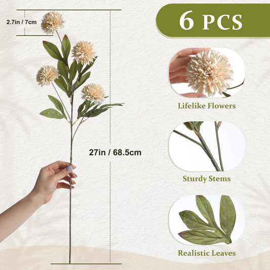 Faux Pompon Mum Flowers 6pcs Beige Decor