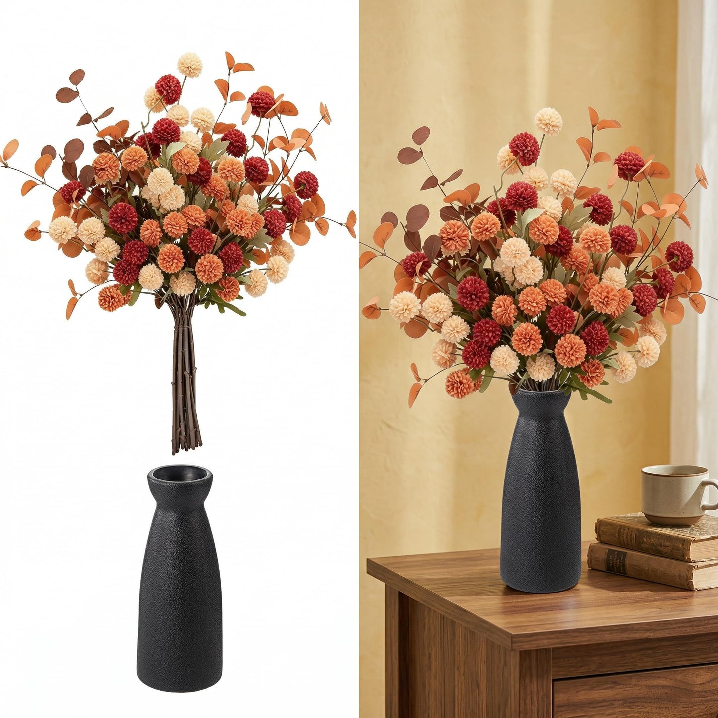 Artificial Fall Flowers with Vase 12pcs Set