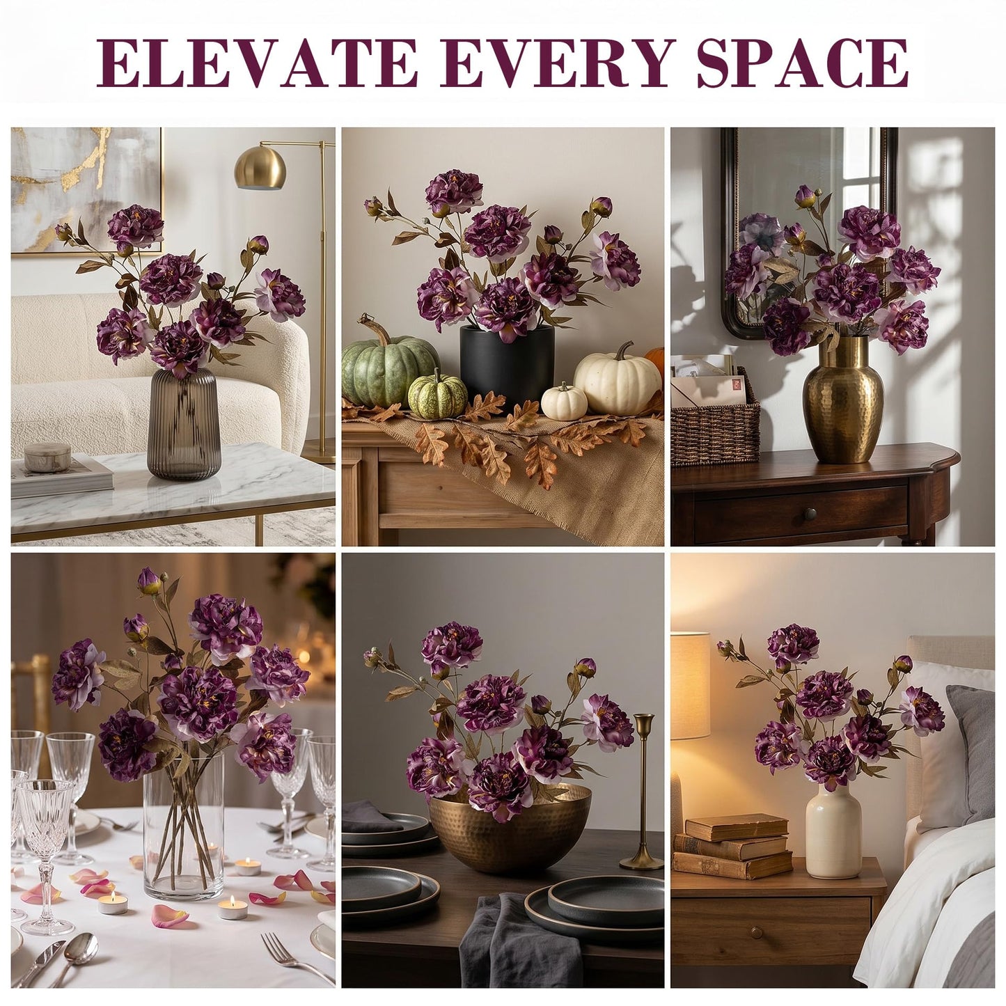 Artificial Peony Flowers 6pcs Purple Decor