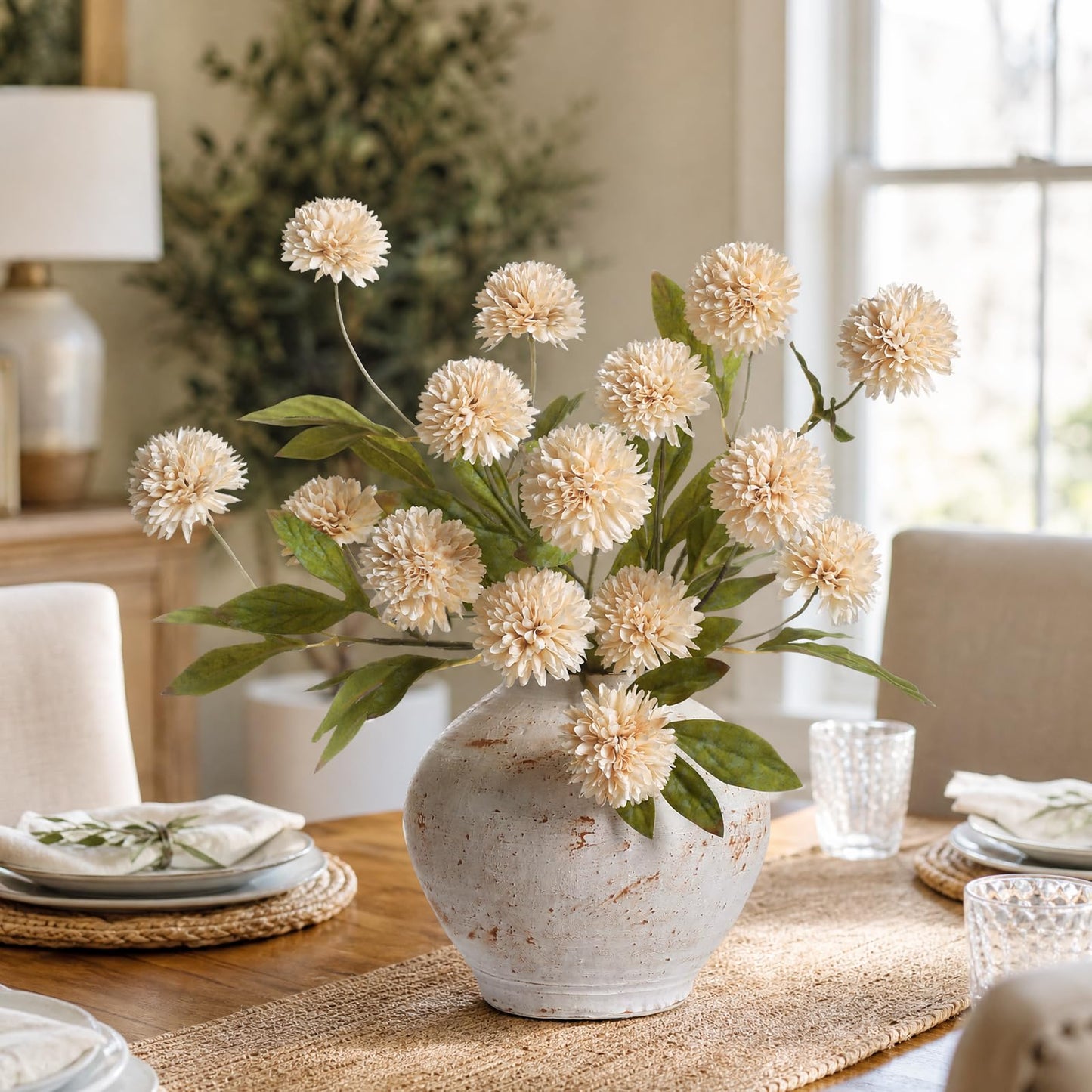 Faux Pompon Mum Flowers 6pcs Beige Decor